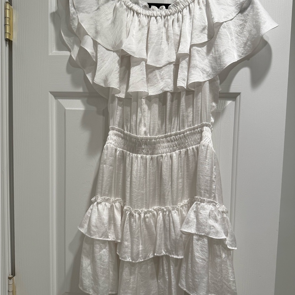 Misa White Silk Ruffled Off-Shoulder Dress